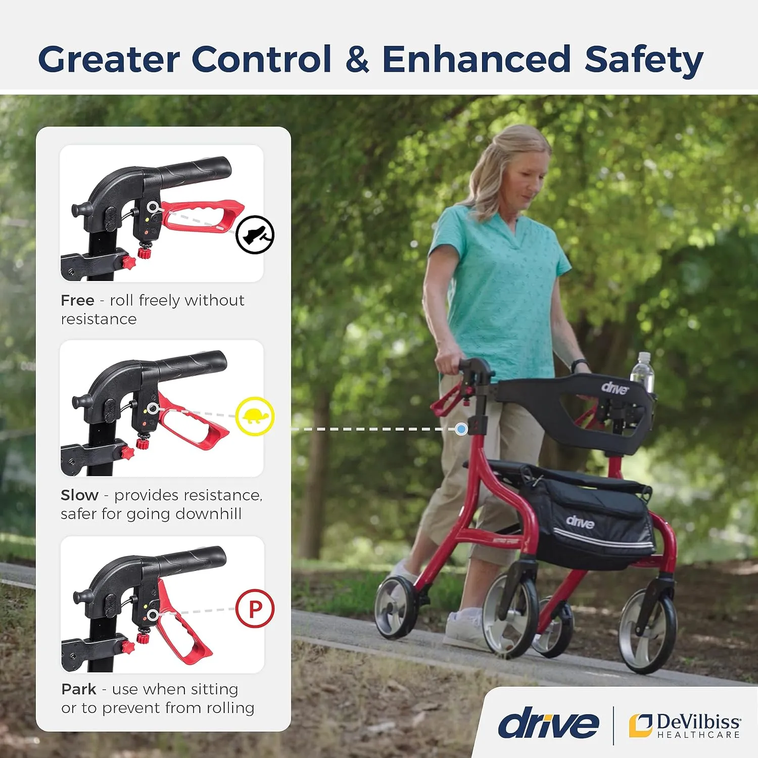 Drive Medical Nitro Sprint Foldable Rollator Walker with Seat, Petite Height Lightweight Rollator with Large Wheels, Folding Rollator, Short Rolling Walker for Seniors and Adults, Red