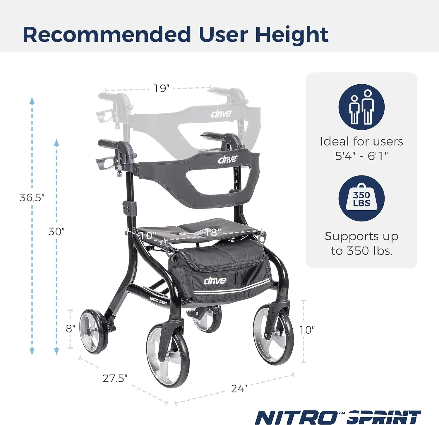 Drive Medical Nitro Sprint Foldable Rollator Walker with Seat, Standard Height Lightweight Rollator with Large Wheels, Folding Rolling Walker, Walker Rollator with Seat, Black
