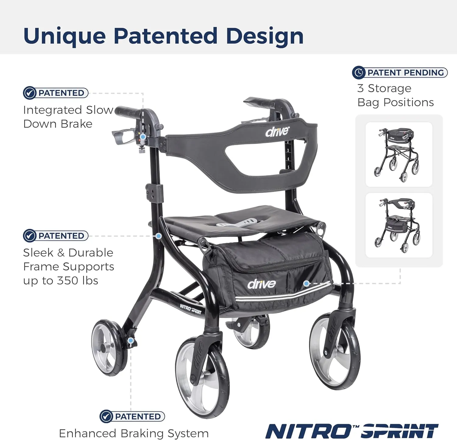 Drive Medical Nitro Sprint Foldable Rollator Walker with Seat, Standard Height Lightweight Rollator with Large Wheels, Folding Rolling Walker, Walker Rollator with Seat, Black