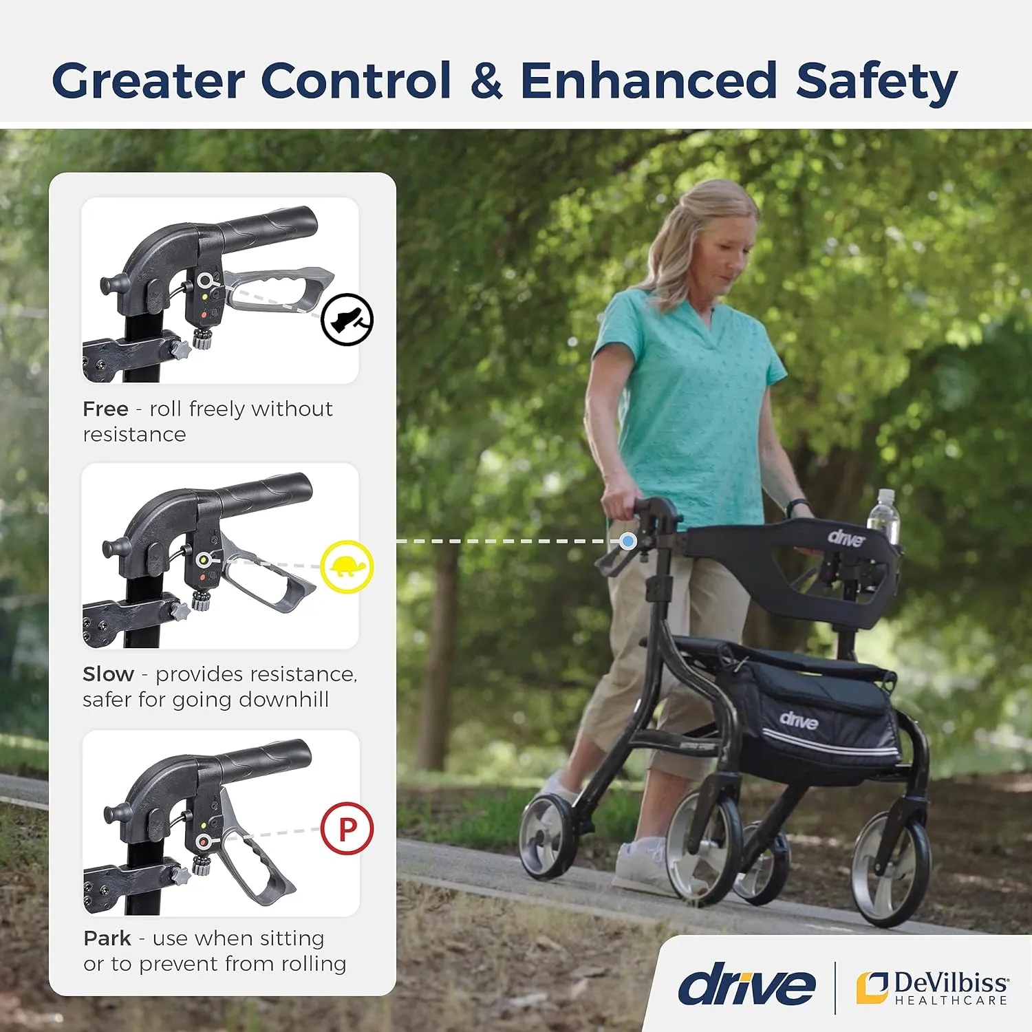 Drive Medical Nitro Sprint Foldable Rollator Walker with Seat, Standard Height Lightweight Rollator with Large Wheels, Folding Rolling Walker, Walker Rollator with Seat, Black