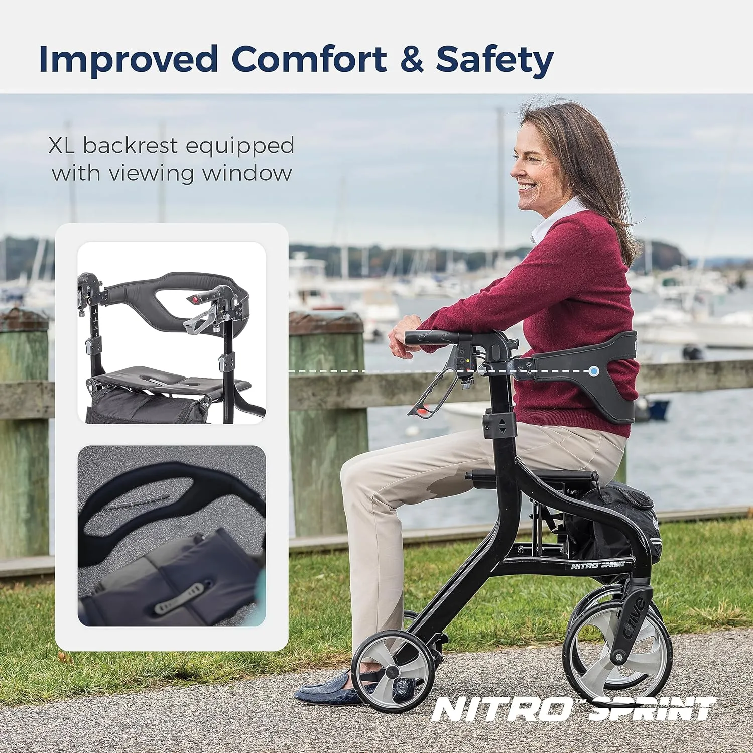 Drive Medical Nitro Sprint Foldable Rollator Walker with Seat, Standard Height Lightweight Rollator with Large Wheels, Folding Rolling Walker, Walker Rollator with Seat, Black