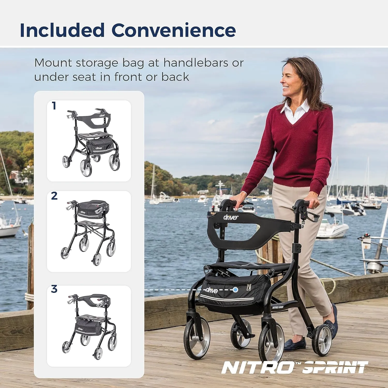 Drive Medical Nitro Sprint Foldable Rollator Walker with Seat, Standard Height Lightweight Rollator with Large Wheels, Folding Rolling Walker, Walker Rollator with Seat, Black