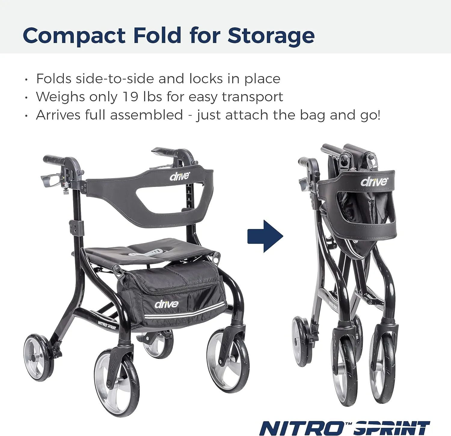 Drive Medical Nitro Sprint Foldable Rollator Walker with Seat, Standard Height Lightweight Rollator with Large Wheels, Folding Rolling Walker, Walker Rollator with Seat, Black