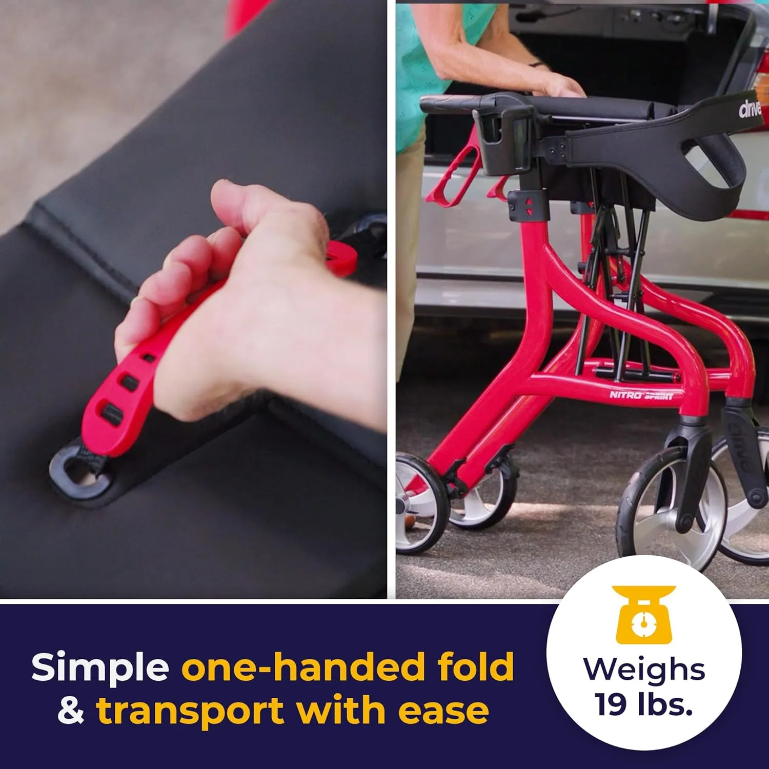 Drive Medical Nitro Sprint Foldable Rollator Walker with Seat, Standard Height Lightweight Rollator with Large Wheels, Folding Rolling Walker, Walker Rollator with Seat, Red