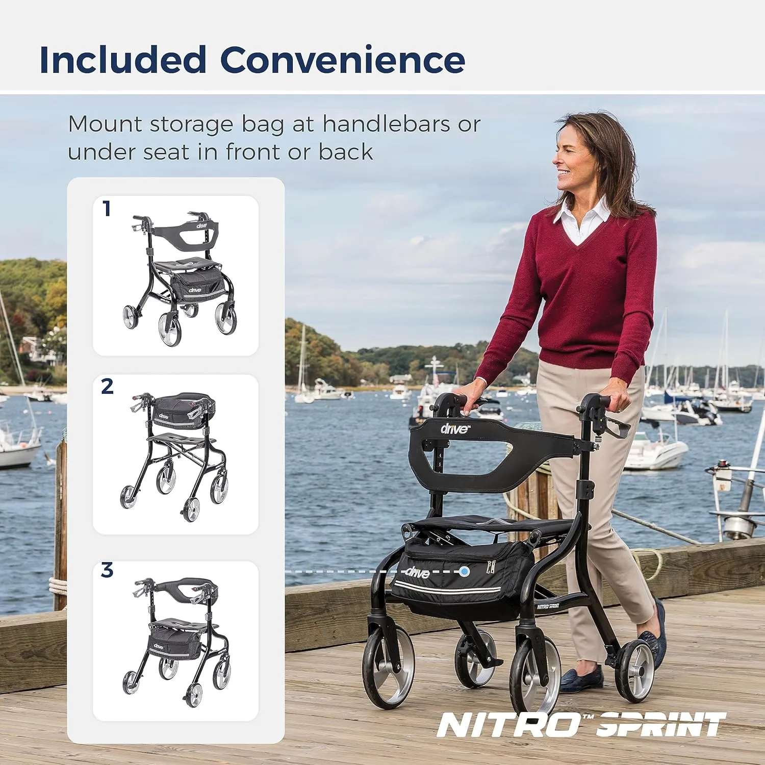 Drive Medical Nitro Sprint Foldable Rollator Walker with Seat, Tall Height Lightweight Rollator with Large Wheels, Folding Rollator, Four Wheel Rolling Walker, Black