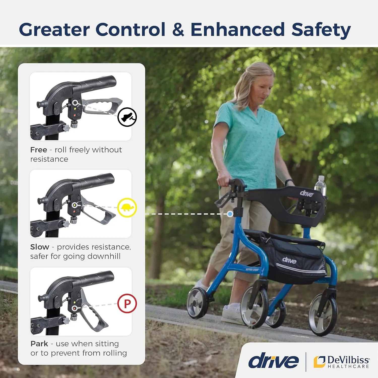 Drive Medical Nitro Sprint Foldable Rollator Walker with Seat, Tall Height Lightweight Rollator with Large Wheels, Folding Rollator, Four Wheel Rolling Walker, Blue