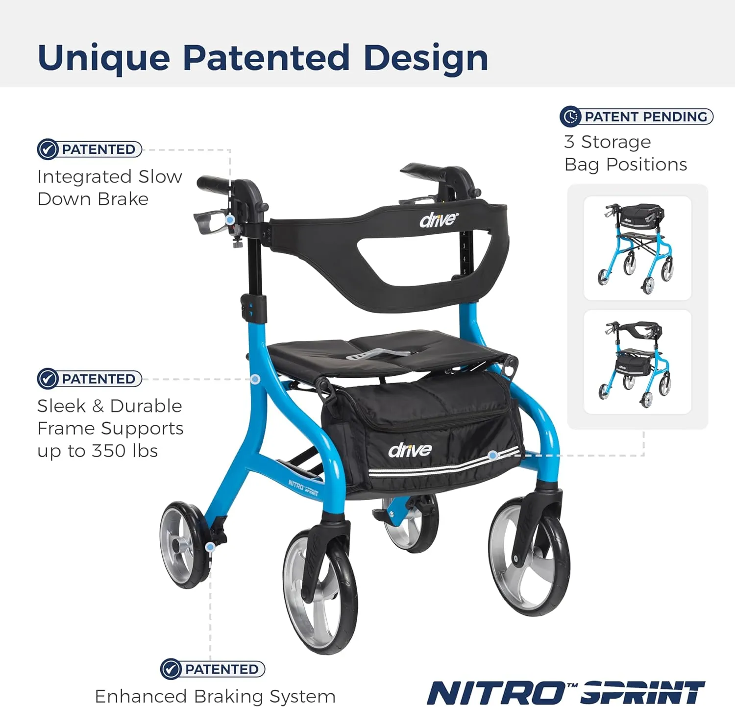 Drive Medical Nitro Sprint Foldable Rollator Walker with Seat, Tall Height Lightweight Rollator with Large Wheels, Folding Rollator, Four Wheel Rolling Walker, Blue