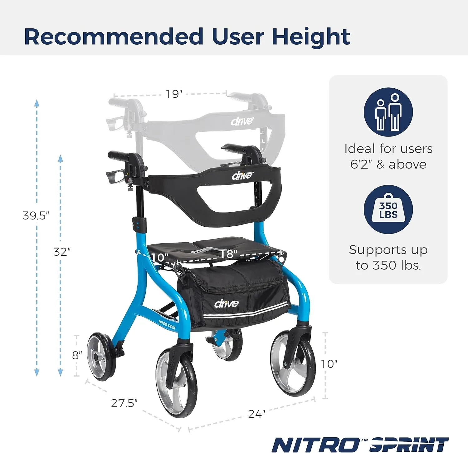 Drive Medical Nitro Sprint Foldable Rollator Walker with Seat, Tall Height Lightweight Rollator with Large Wheels, Folding Rollator, Four Wheel Rolling Walker, Blue
