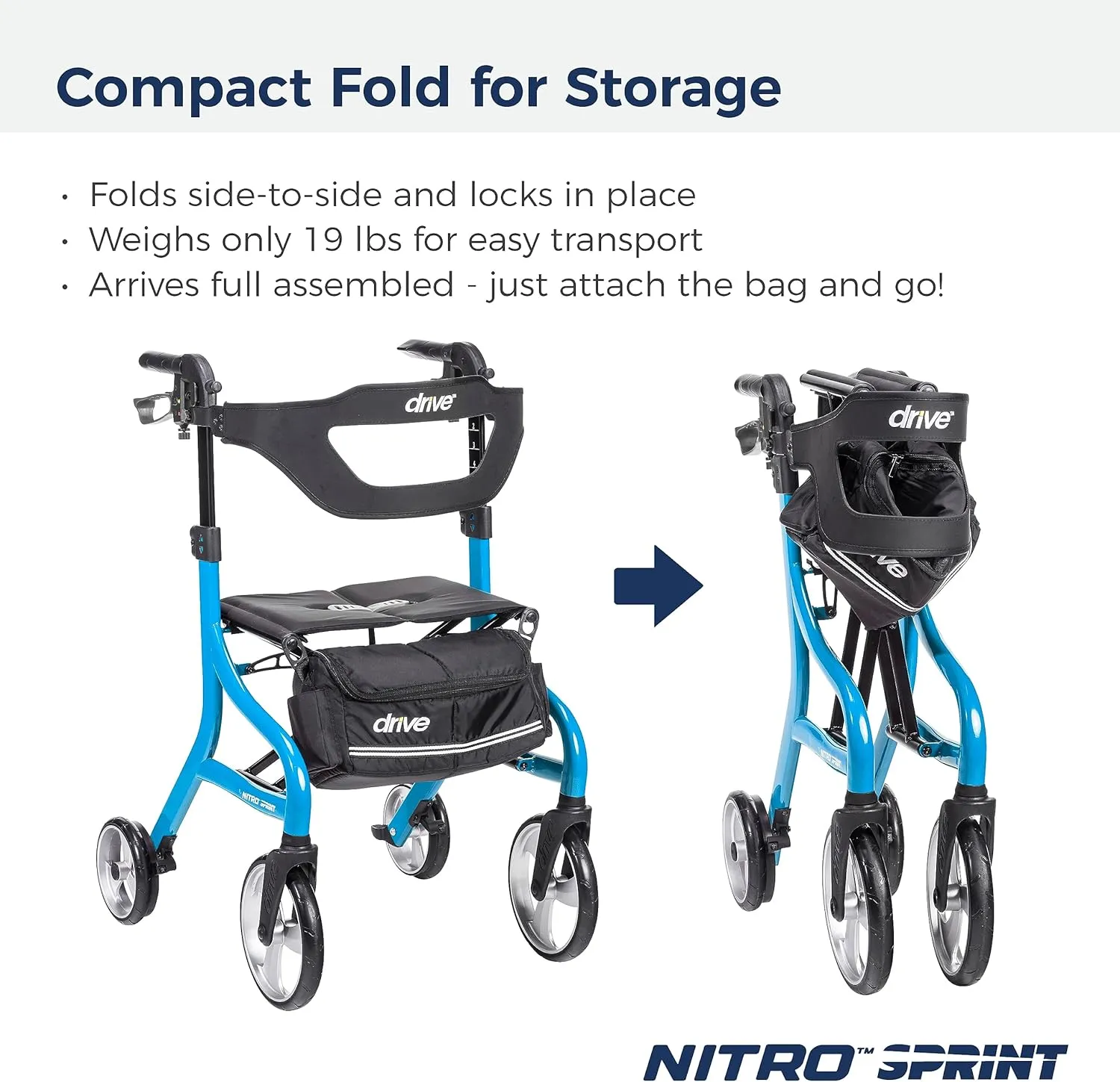 Drive Medical Nitro Sprint Foldable Rollator Walker with Seat, Tall Height Lightweight Rollator with Large Wheels, Folding Rollator, Four Wheel Rolling Walker, Blue