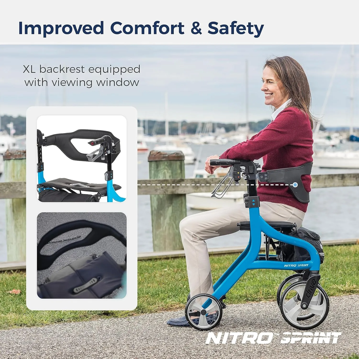 Drive Medical Nitro Sprint Foldable Rollator Walker with Seat, Tall Height Lightweight Rollator with Large Wheels, Folding Rollator, Four Wheel Rolling Walker, Blue