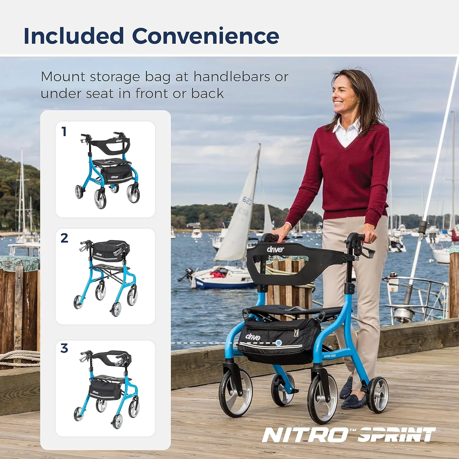 Drive Medical Nitro Sprint Foldable Rollator Walker with Seat, Tall Height Lightweight Rollator with Large Wheels, Folding Rollator, Four Wheel Rolling Walker, Blue