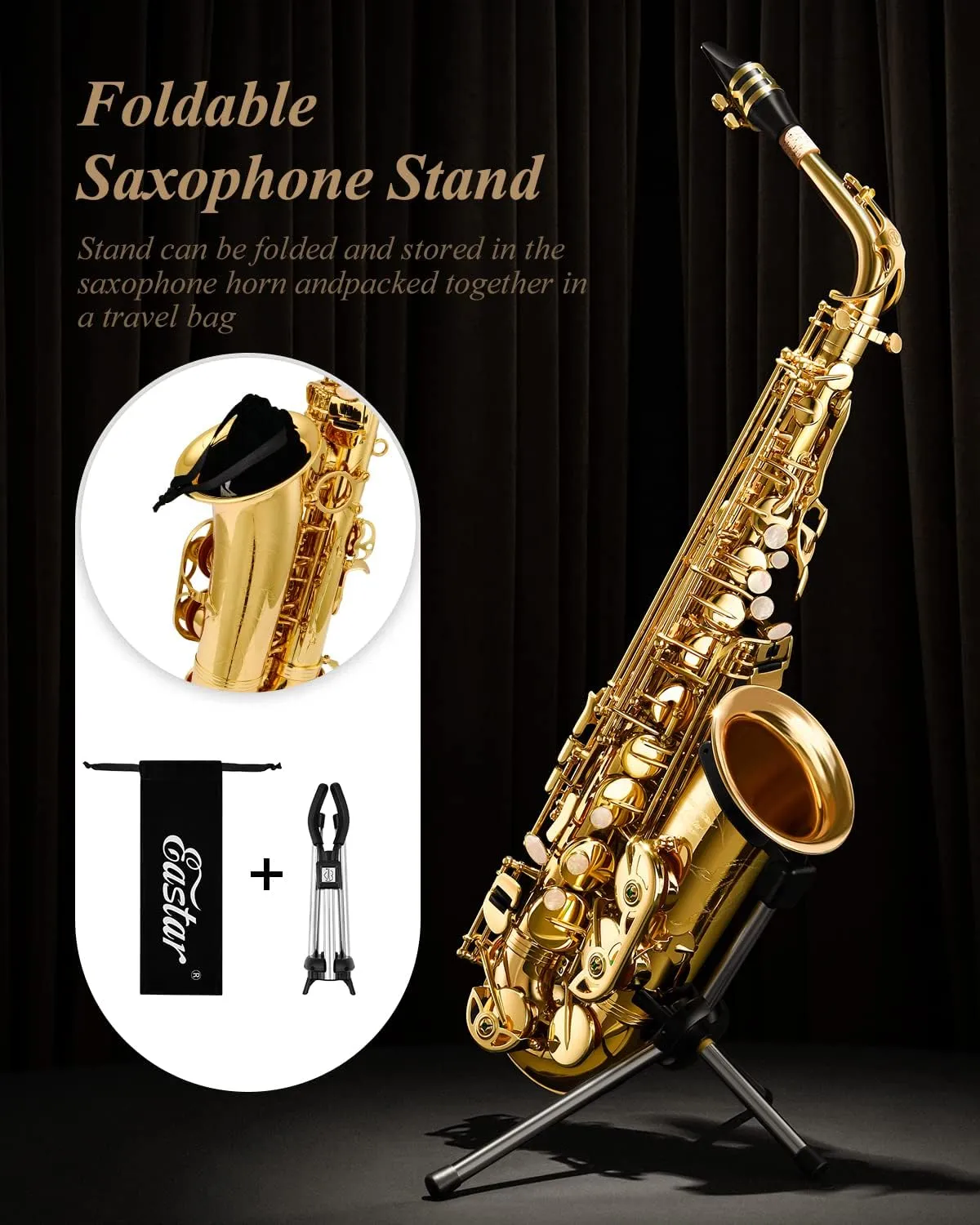 Eastar EAX-21, Alto Saxophone, E Flat Saxophone for Beginner Students Brass Sax Full Kit, Travel Bag, Foldable Stand, Cleanning Kit, Golden Lacquer