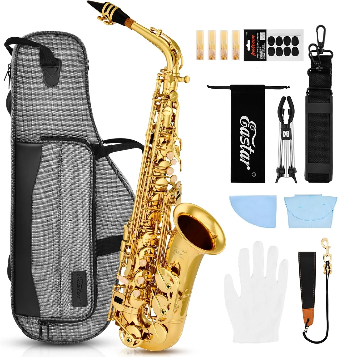 Eastar EAX-21, Alto Saxophone, E Flat Saxophone for Beginner Students Brass Sax Full Kit, Travel Bag, Foldable Stand, Cleanning Kit, Golden Lacquer