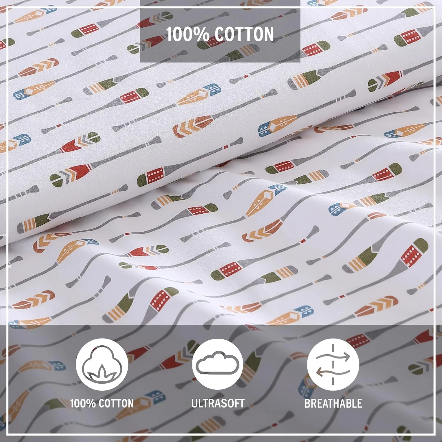 Eddie Bauer - Twin Sheet Set, Cotton Percale Bedding Set, Crisp & Cool, Lightweight & Breathable, Dorm Room Essentials (Canoe Lake Paddle White, Twin)