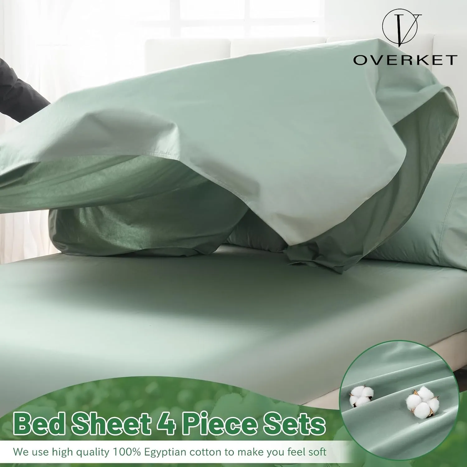 Egyptian Cotton Sheets Full Size 1000 Thread Count Sateen Weave Soft Breathable 16-Inch Deep Pocket 4PCS（Full,Sage Green）