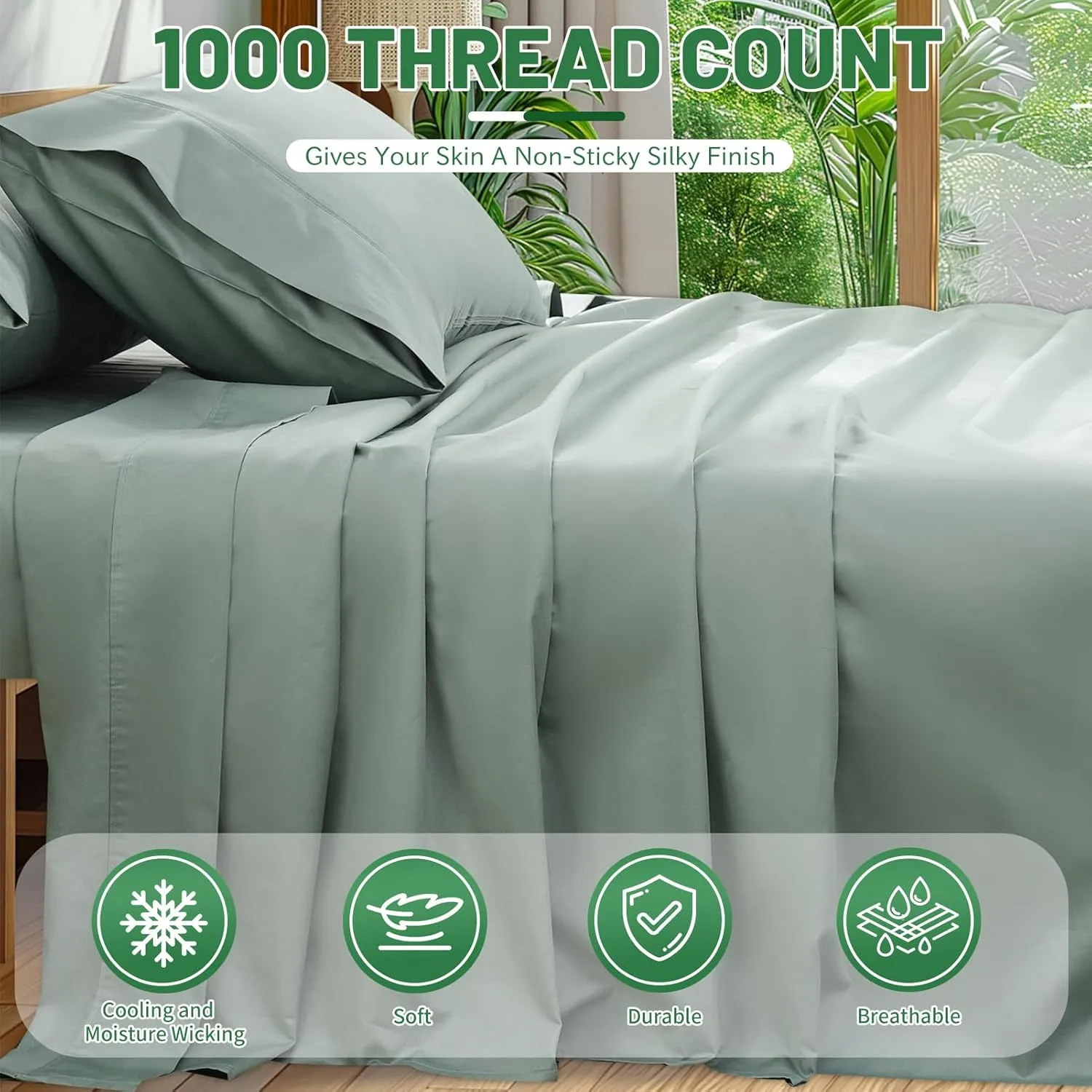 Egyptian Cotton Sheets Full Size 1000 Thread Count Sateen Weave Soft Breathable 16-Inch Deep Pocket 4PCS（Full,Sage Green）