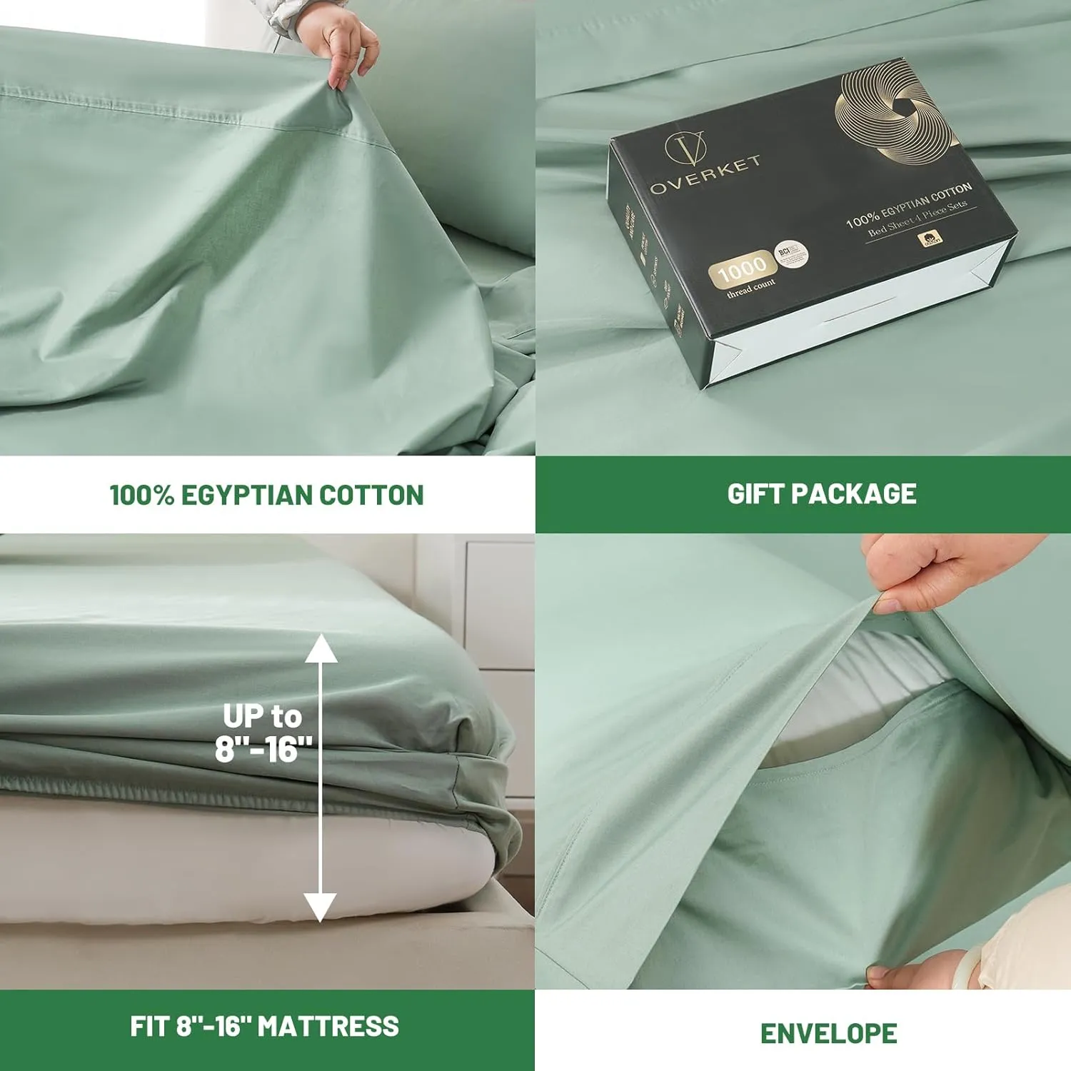 Egyptian Cotton Sheets Full Size 1000 Thread Count Sateen Weave Soft Breathable 16-Inch Deep Pocket 4PCS（Full,Sage Green）