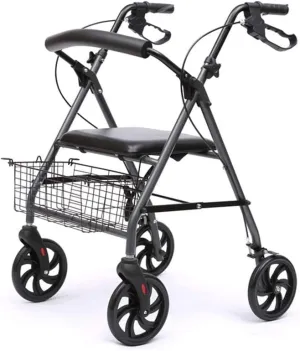 Elderly Walker Ultra Lightweight Folding Rollator Wheeled Walker Walking Frame with Brakes Seat and Bag