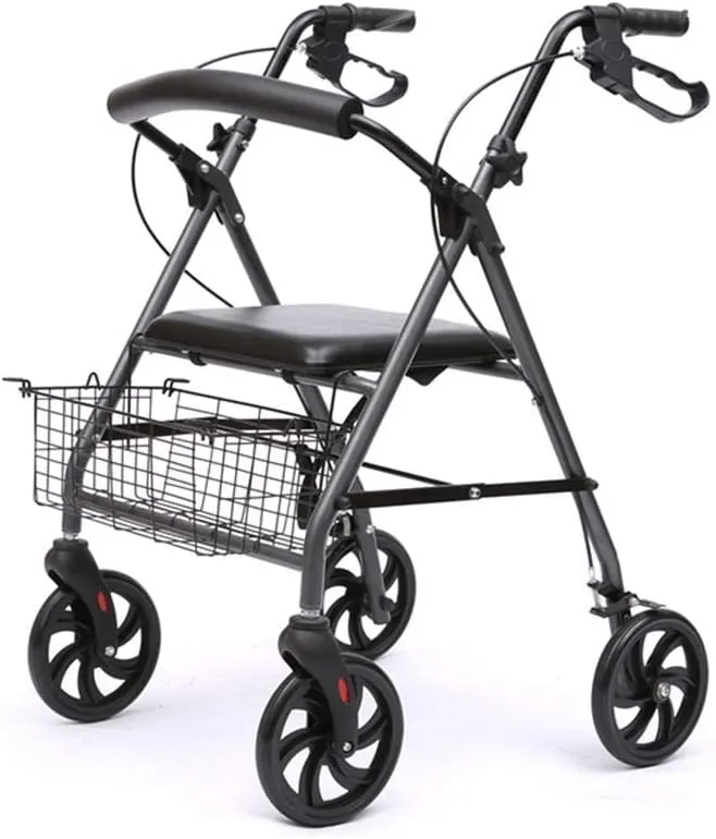 Elderly Walker Ultra Lightweight Folding Rollator Wheeled Walker Walking Frame with Brakes Seat and Bag