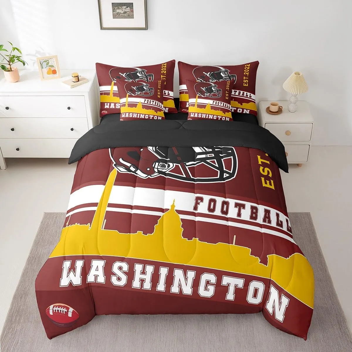 Erosebridal Football 7 Pcs Comforter Set Twin Football Fans Bedding for Kids American Football City Sheet Set Bed in A Bag Red Yellow Rugby Competition Room Decor Sports Ball Game Quilt(Washington)