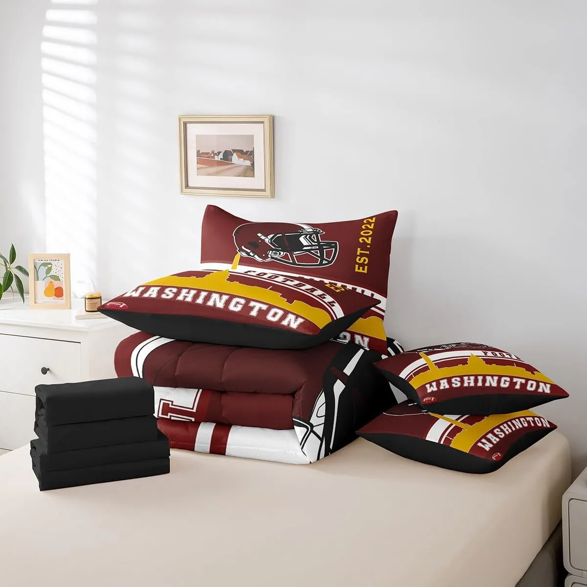 Erosebridal Football 7 Pcs Comforter Set Twin Football Fans Bedding for Kids American Football City Sheet Set Bed in A Bag Red Yellow Rugby Competition Room Decor Sports Ball Game Quilt(Washington)
