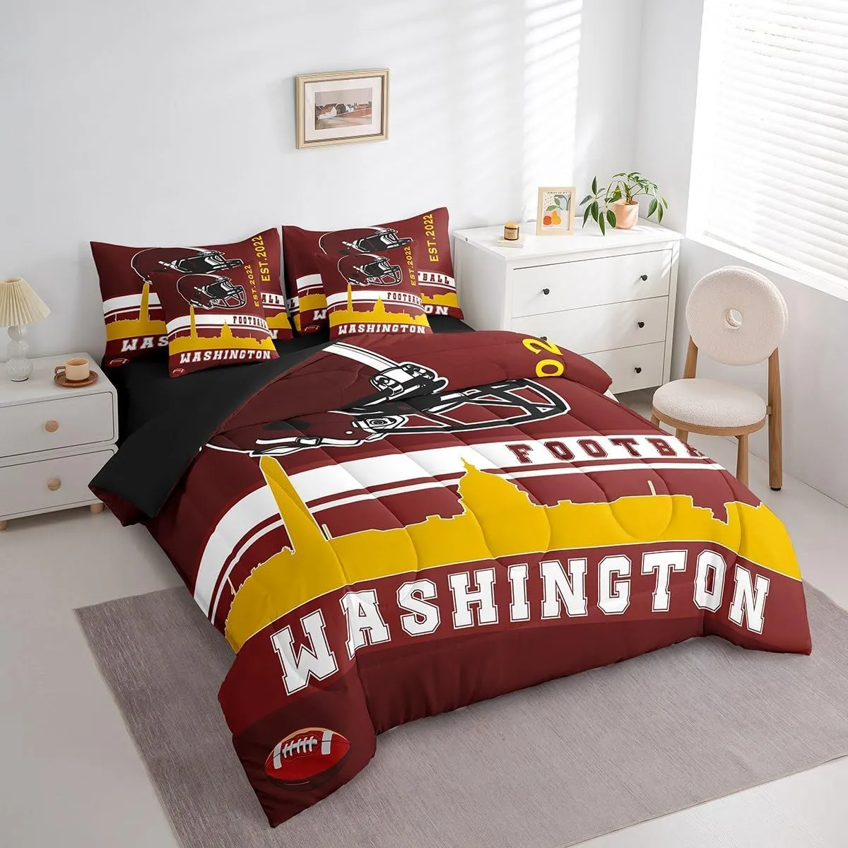Erosebridal Football 7 Pcs Comforter Set Twin Football Fans Bedding for Kids American Football City Sheet Set Bed in A Bag Red Yellow Rugby Competition Room Decor Sports Ball Game Quilt(Washington)
