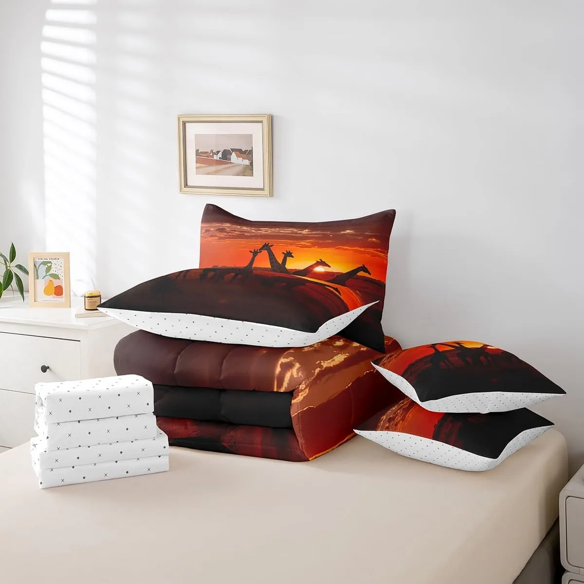Erosebridal Giraffe Comforter Set 3D Giraffe Printed Bedding Sets 7 Piece King Natural Sunrise Scenery Bed in A Bag Jungle Wildlife Quilt with Flat Fitted Sheet Safair African Animals Pillow Covers