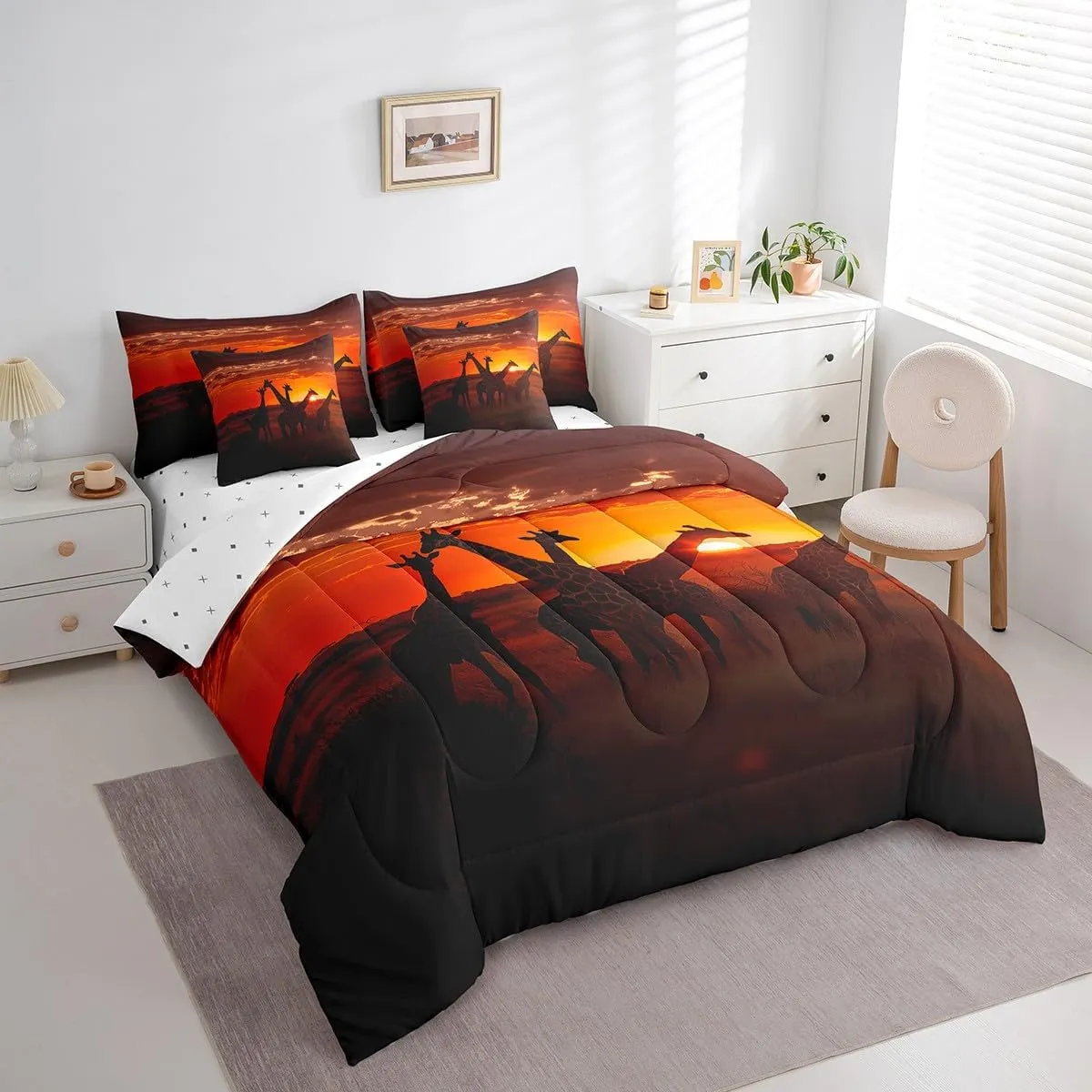Erosebridal Giraffe Comforter Set 3D Giraffe Printed Bedding Sets 7 Piece King Natural Sunrise Scenery Bed in A Bag Jungle Wildlife Quilt with Flat Fitted Sheet Safair African Animals Pillow Covers