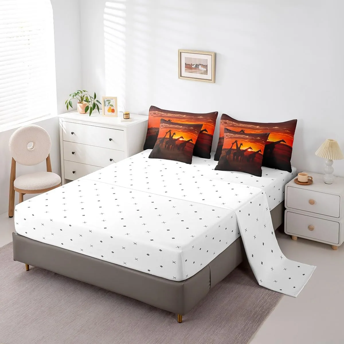 Erosebridal Giraffe Comforter Set 3D Giraffe Printed Bedding Sets 7 Piece King Natural Sunrise Scenery Bed in A Bag Jungle Wildlife Quilt with Flat Fitted Sheet Safair African Animals Pillow Covers
