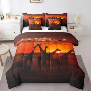 Erosebridal Giraffe Comforter Set 3D Giraffe Printed Bedding Sets 7 Piece King Natural Sunrise Scenery Bed in A Bag Jungle Wildlife Quilt with Flat Fitted Sheet Safair African Animals Pillow Covers