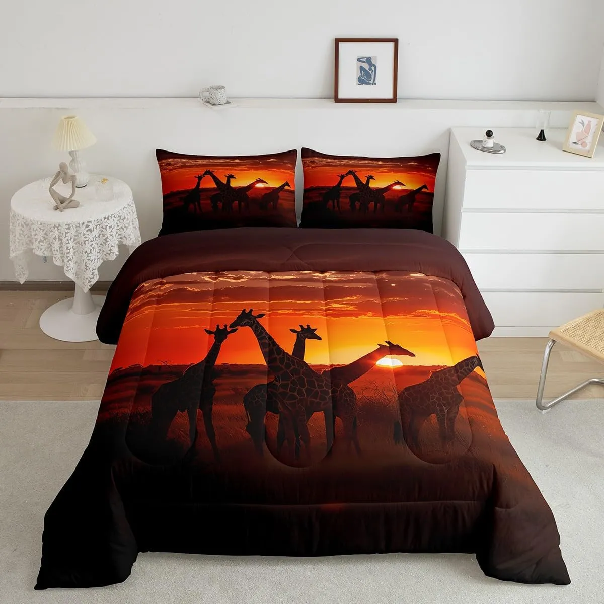 Erosebridal Giraffe Comforter Set 3D Giraffe Printed Bedding Sets 7 Piece King Natural Sunrise Scenery Bed in A Bag Jungle Wildlife Quilt with Flat Fitted Sheet Safair African Animals Pillow Covers
