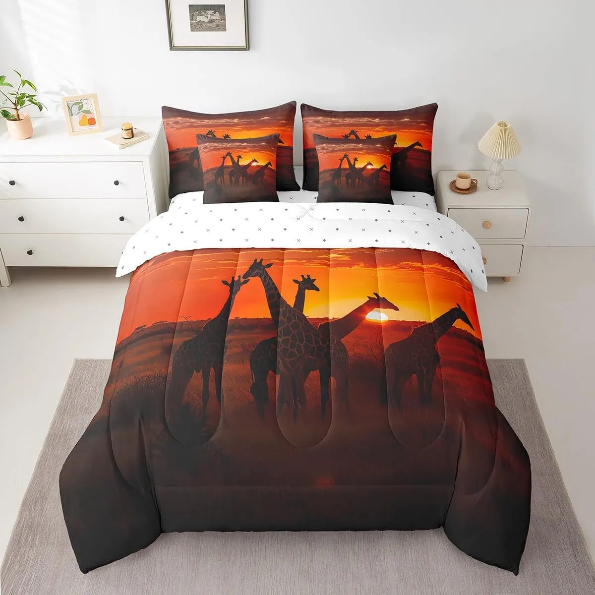 Erosebridal Giraffe Comforter Set 3D Giraffe Printed Bedding Sets 7 Piece King Natural Sunrise Scenery Bed in A Bag Jungle Wildlife Quilt with Flat Fitted Sheet Safair African Animals Pillow Covers