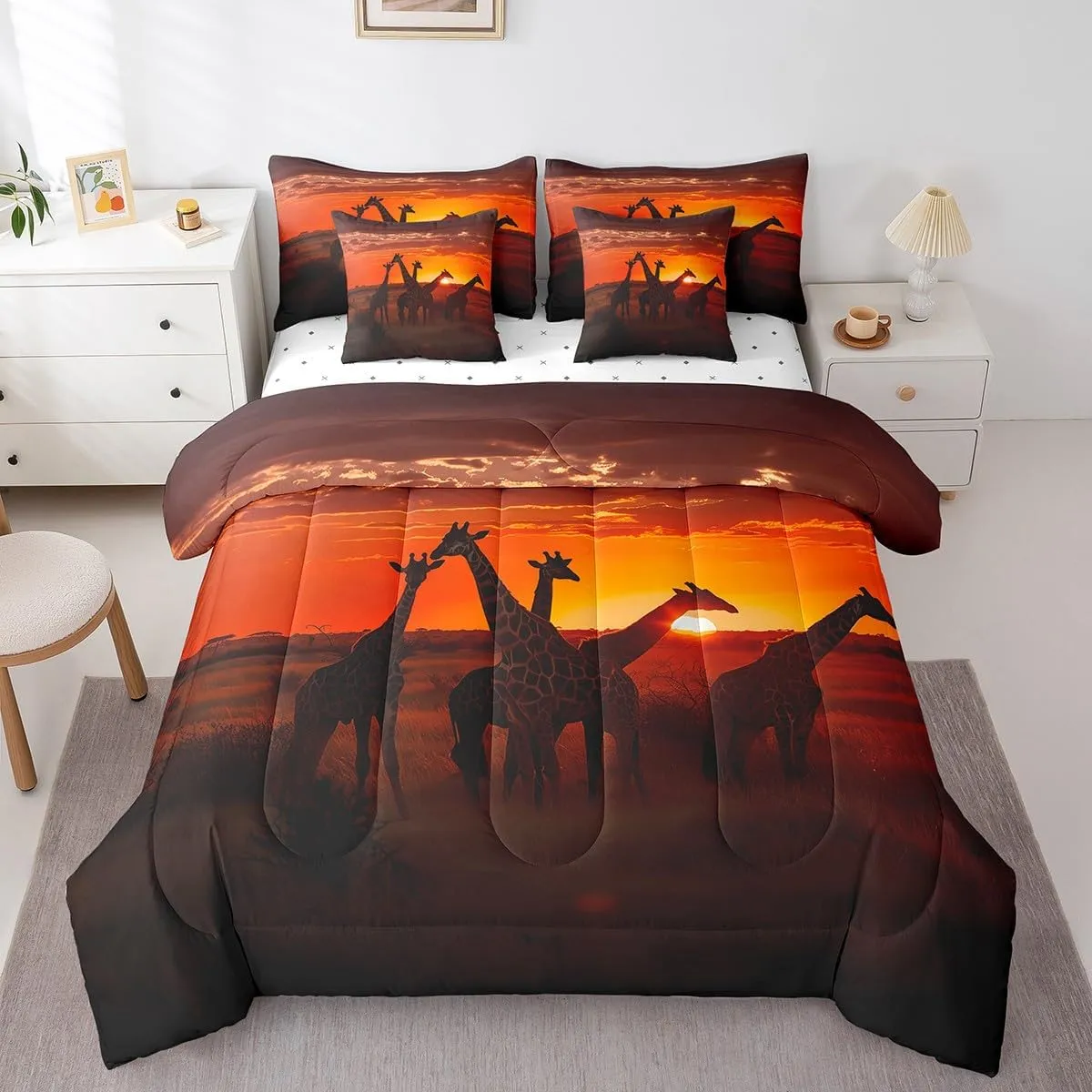 Erosebridal Giraffe Comforter Set 3D Giraffe Printed Bedding Sets 7 Piece King Natural Sunrise Scenery Bed in A Bag Jungle Wildlife Quilt with Flat Fitted Sheet Safair African Animals Pillow Covers