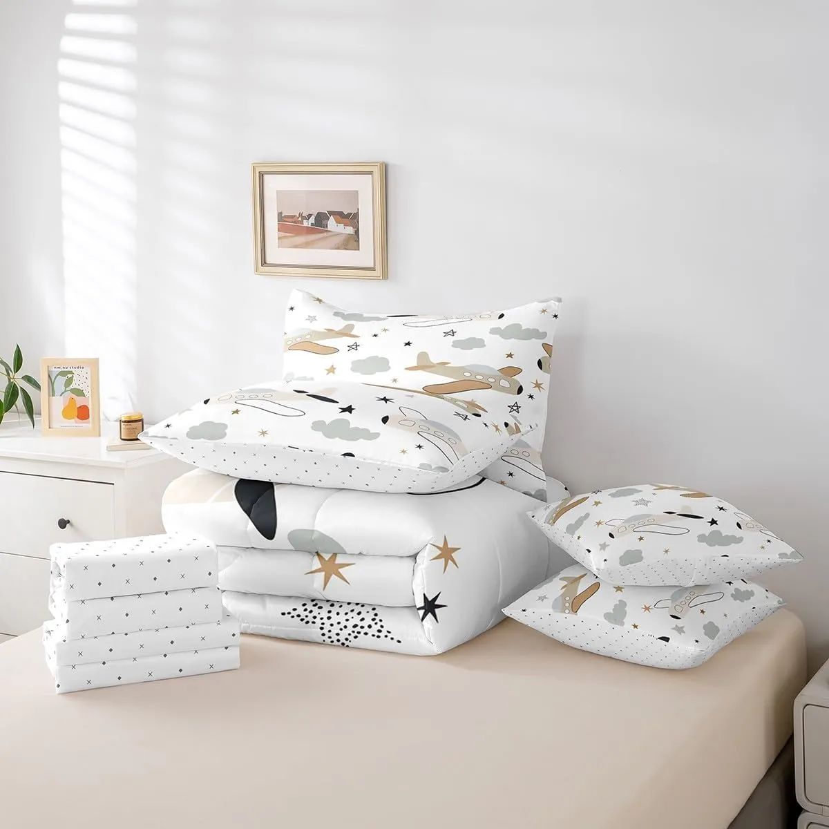 Erosebridal Hand Drawn Planes 7Pcs Comforter Set Queen, Cartoon Transport Bedding for Boys Girls, Brown Yellow Flying Airplane Bed in A Bag Sheet Set, Cute Stars Retro Aircraft Bed Set