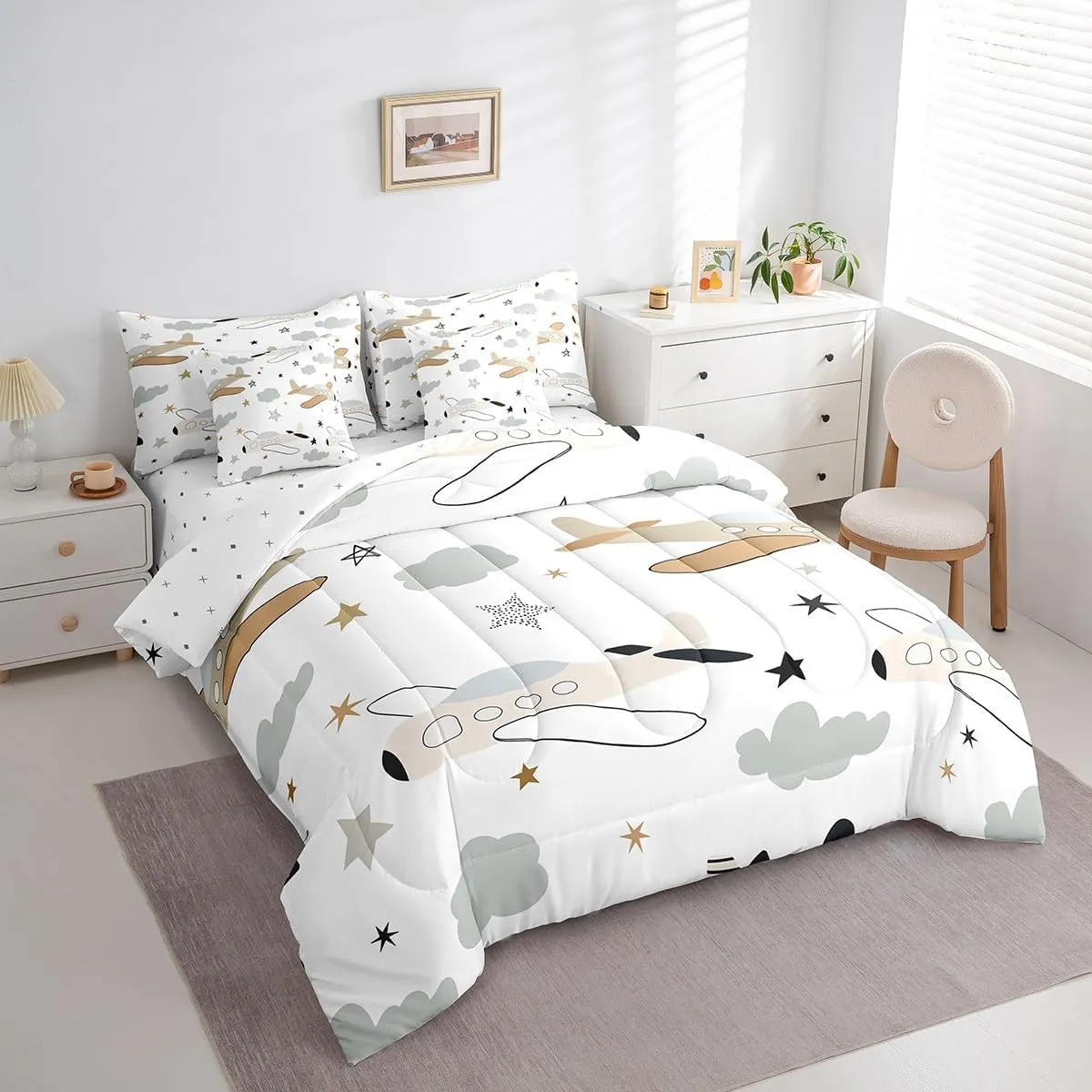 Erosebridal Hand Drawn Planes 7Pcs Comforter Set Queen, Cartoon Transport Bedding for Boys Girls, Brown Yellow Flying Airplane Bed in A Bag Sheet Set, Cute Stars Retro Aircraft Bed Set