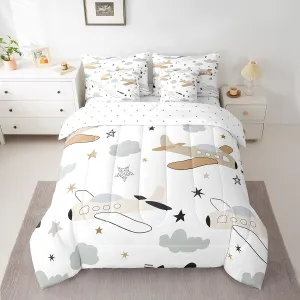 Erosebridal Hand Drawn Planes 7Pcs Comforter Set Queen, Cartoon Transport Bedding for Boys Girls, Brown Yellow Flying Airplane Bed in A Bag Sheet Set, Cute Stars Retro Aircraft Bed Set