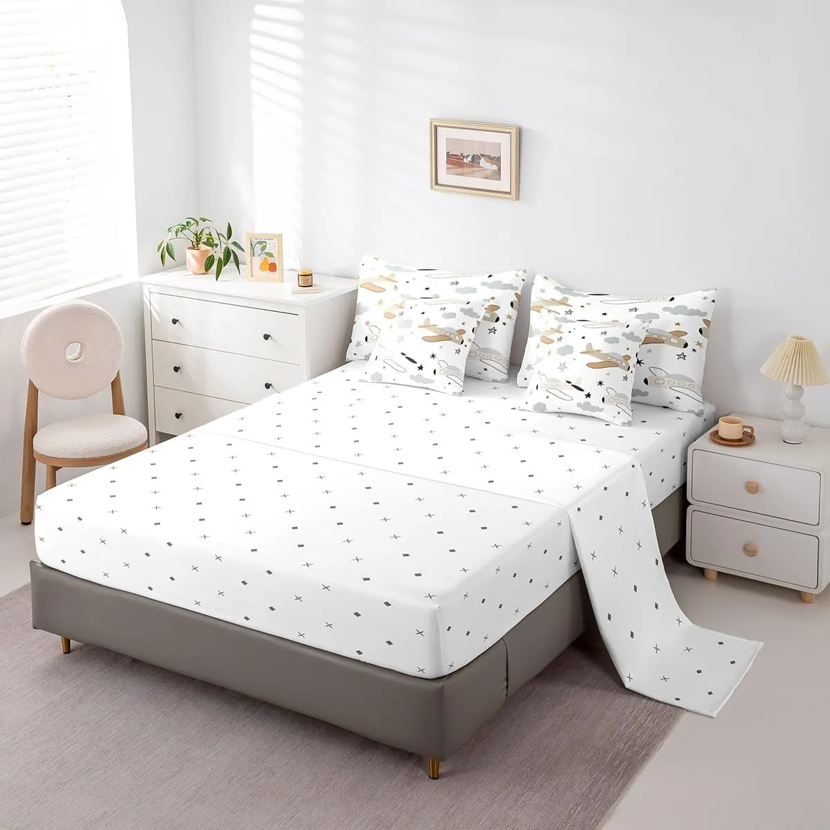 Erosebridal Hand Drawn Planes 7Pcs Comforter Set Queen, Cartoon Transport Bedding for Boys Girls, Brown Yellow Flying Airplane Bed in A Bag Sheet Set, Cute Stars Retro Aircraft Bed Set