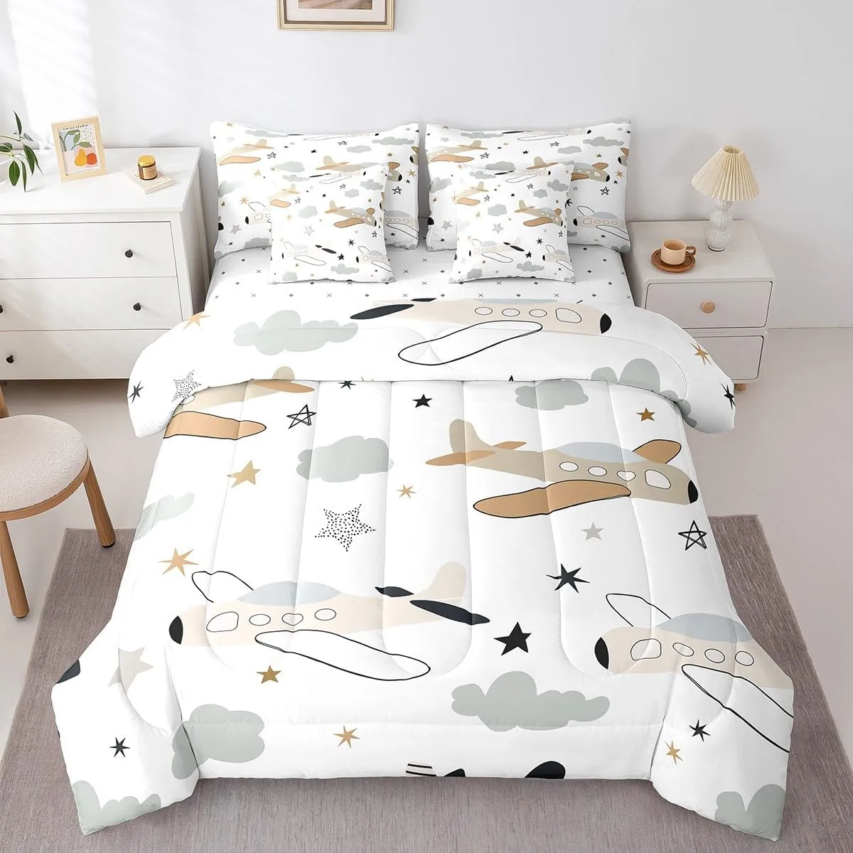 Erosebridal Hand Drawn Planes 7Pcs Comforter Set Queen, Cartoon Transport Bedding for Boys Girls, Brown Yellow Flying Airplane Bed in A Bag Sheet Set, Cute Stars Retro Aircraft Bed Set