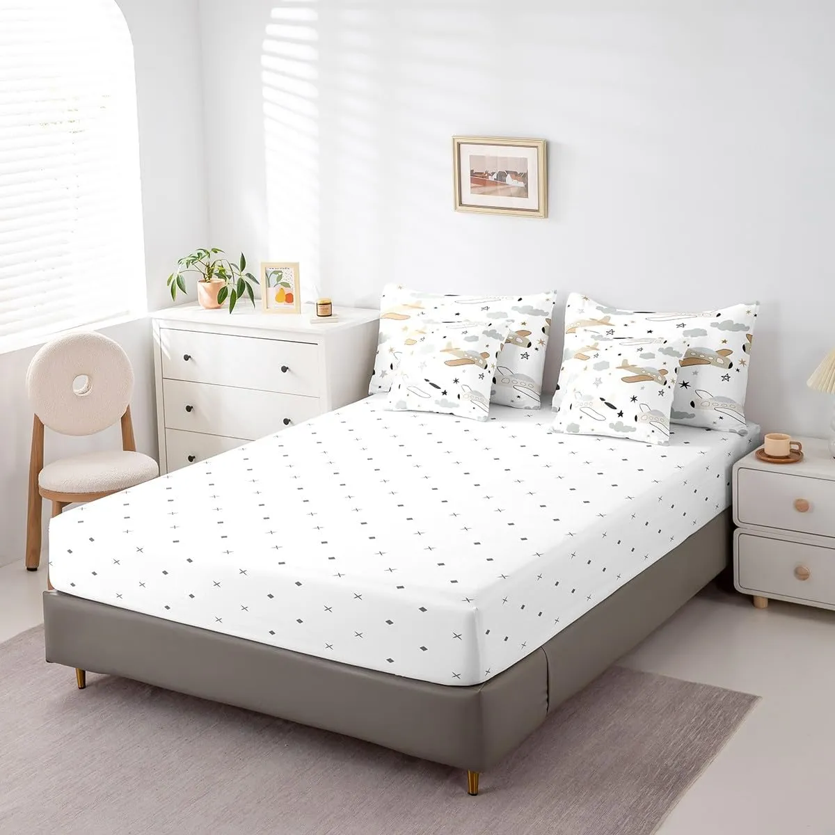 Erosebridal Hand Drawn Planes 7Pcs Comforter Set Queen, Cartoon Transport Bedding for Boys Girls, Brown Yellow Flying Airplane Bed in A Bag Sheet Set, Cute Stars Retro Aircraft Bed Set