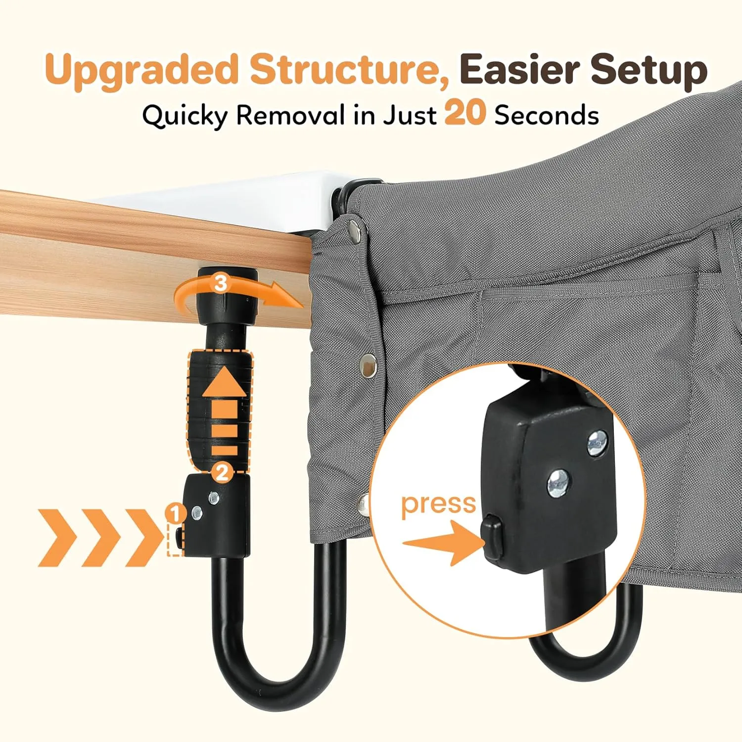 Ezebaby Hook on High Chairs, Secure Clip on High Chair for Baby, Compact Fold-Flat for Easy Storage, Fast Table Chair with Baby Seat, Portable Highchair Attaches to Table for Travel, Grey, with Tray