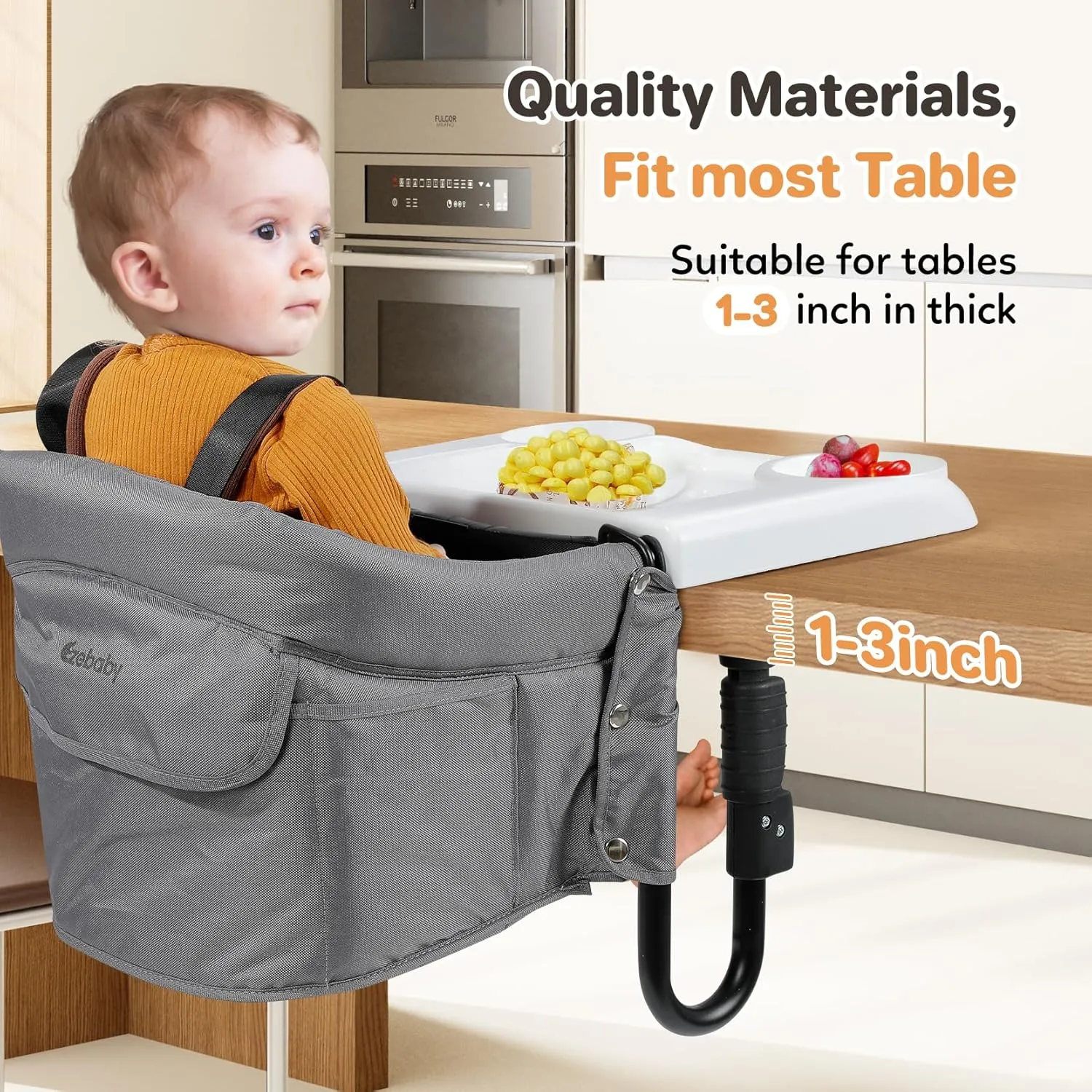 Ezebaby Hook on High Chairs, Secure Clip on High Chair for Baby, Compact Fold-Flat for Easy Storage, Fast Table Chair with Baby Seat, Portable Highchair Attaches to Table for Travel, Grey, with Tray