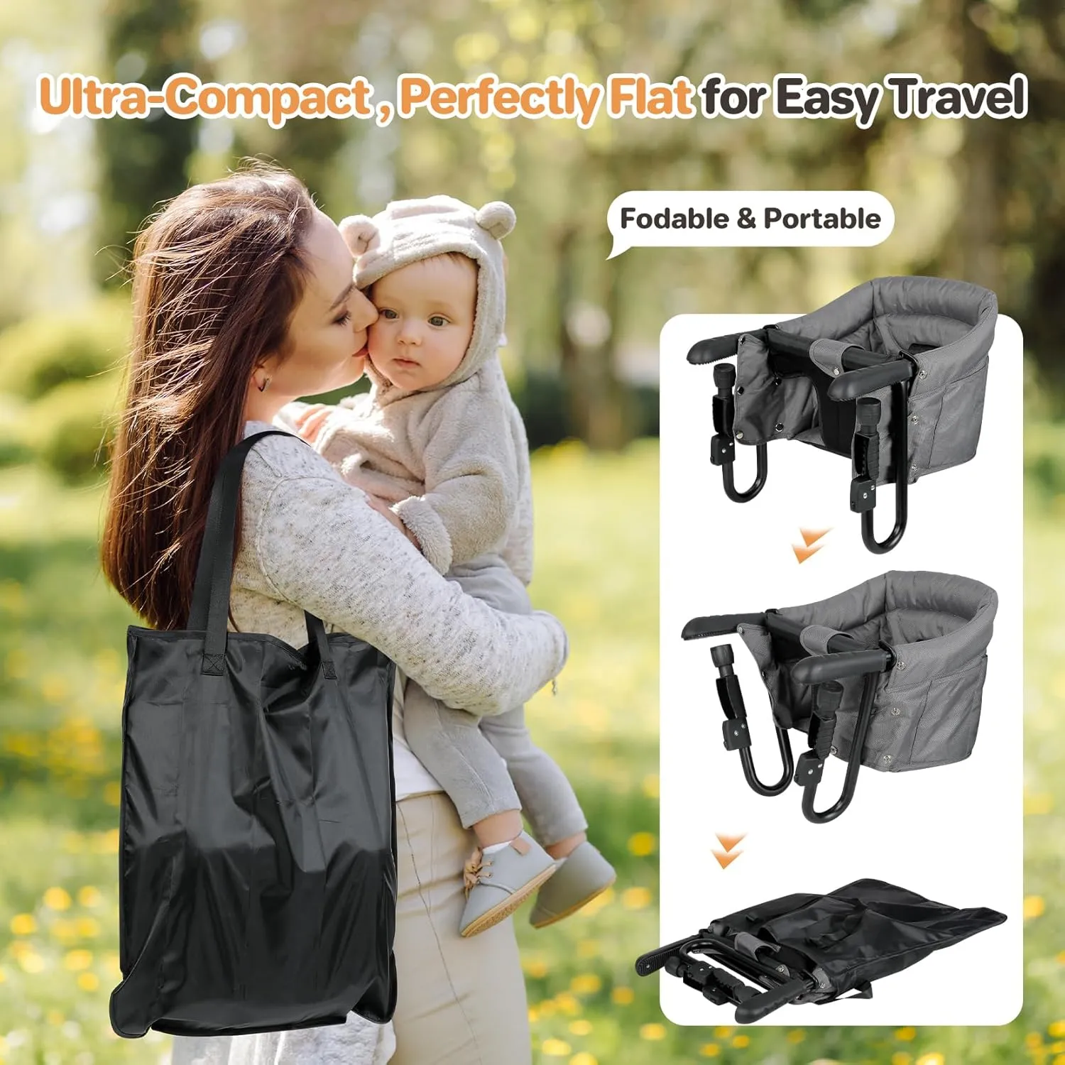 Ezebaby Hook on High Chairs, Secure Clip on High Chair for Baby, Compact Fold-Flat for Easy Storage, Fast Table Chair with Baby Seat, Portable Highchair Attaches to Table for Travel, Grey, with Tray