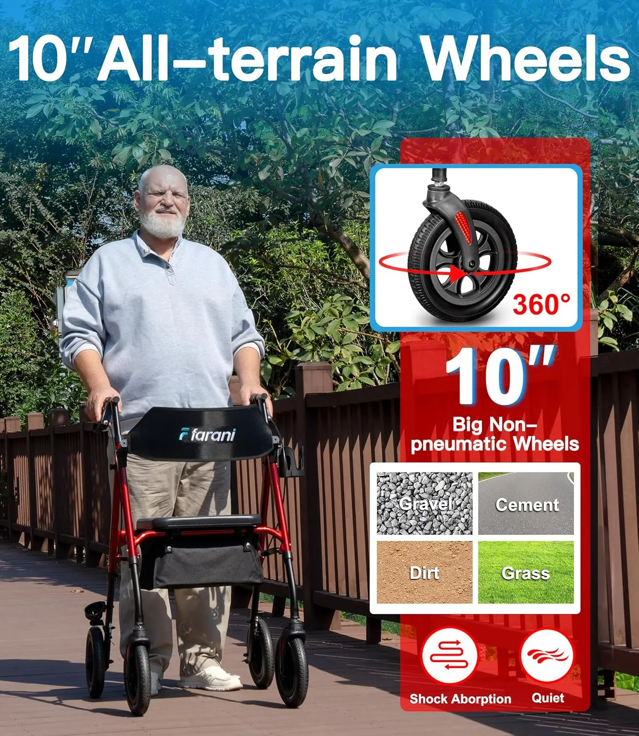 Farani All Terrain Rollator Walker with Seat- 10" Non-Pneumatic Tires, Cushion Seat & Padded Backrest, Ergonomic Dual Height Adjustable Handles and Seat, Foldable Aluminum Walkers for Seniors, Red