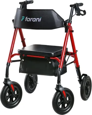 Farani All Terrain Rollator Walker with Seat- 10" Non-Pneumatic Tires, Cushion Seat & Padded Backrest, Ergonomic Dual Height Adjustable Handles and Seat, Foldable Aluminum Walkers for Seniors, Red