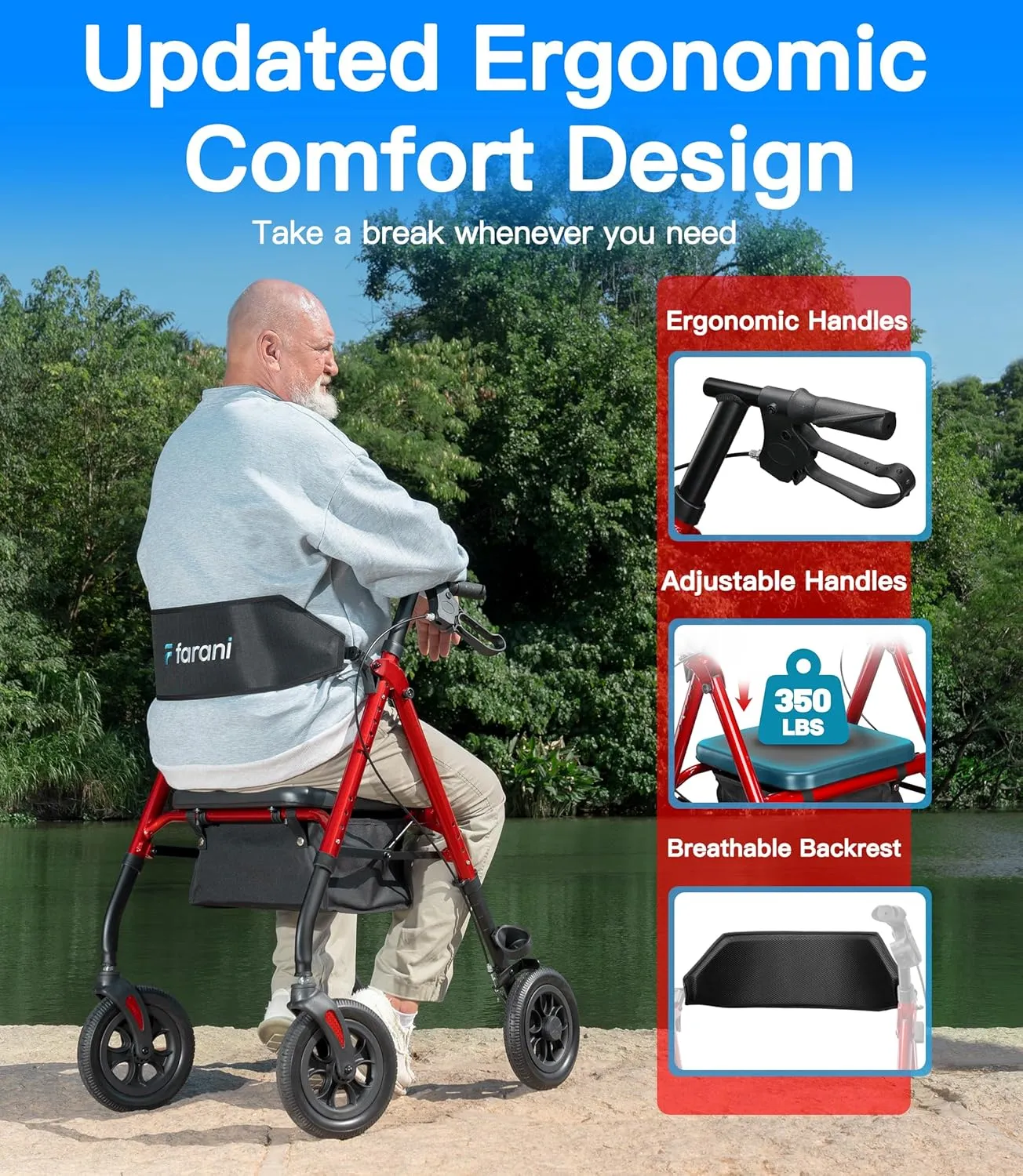 Farani All Terrain Rollator Walker with Seat- 10" Non-Pneumatic Tires, Cushion Seat & Padded Backrest, Ergonomic Dual Height Adjustable Handles and Seat, Foldable Aluminum Walkers for Seniors, Red