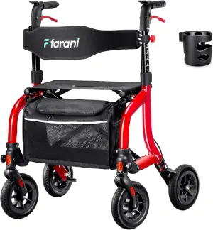 Farani All Terrain Rollator Walkers for Seniors, Lightweight Foldable Rolling Walker with Seat, Sturdy Integrated Molding Frame, Height-Adjustable Handles & Backbrest, 8" Rubber Wheels, Mother's Day