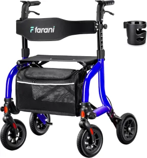 Farani All Terrain Rollator Walkers for Seniors, Lightweight Foldable Rolling Walker with Seat, Sturdy Integrated Molding Frame, Height-Adjustable Handles & Backbrest, 8" Rubber Wheels, Mother's Day