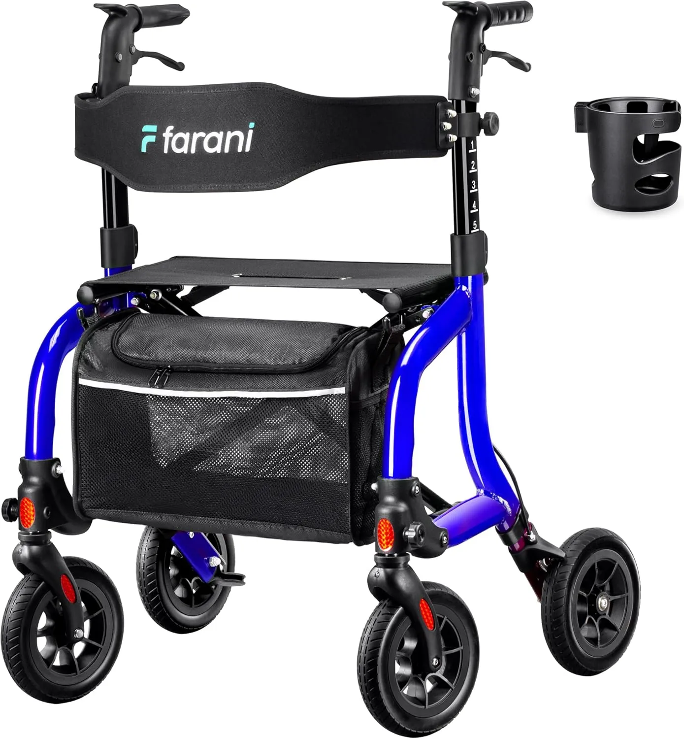 Farani All Terrain Rollator Walkers for Seniors, Lightweight Foldable Rolling Walker with Seat, Sturdy Integrated Molding Frame, Height-Adjustable Handles & Backbrest, 8" Rubber Wheels, Mother's Day