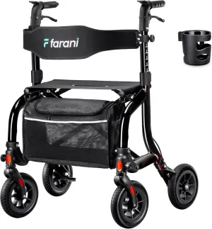Farani All Terrain Rollator Walkers for Seniors, Lightweight Foldable Rolling Walker with Seat, Sturdy Integrated Molding Frame, Height-Adjustable Handles & Backbrest, 8" Rubber Wheels, Mother's Day