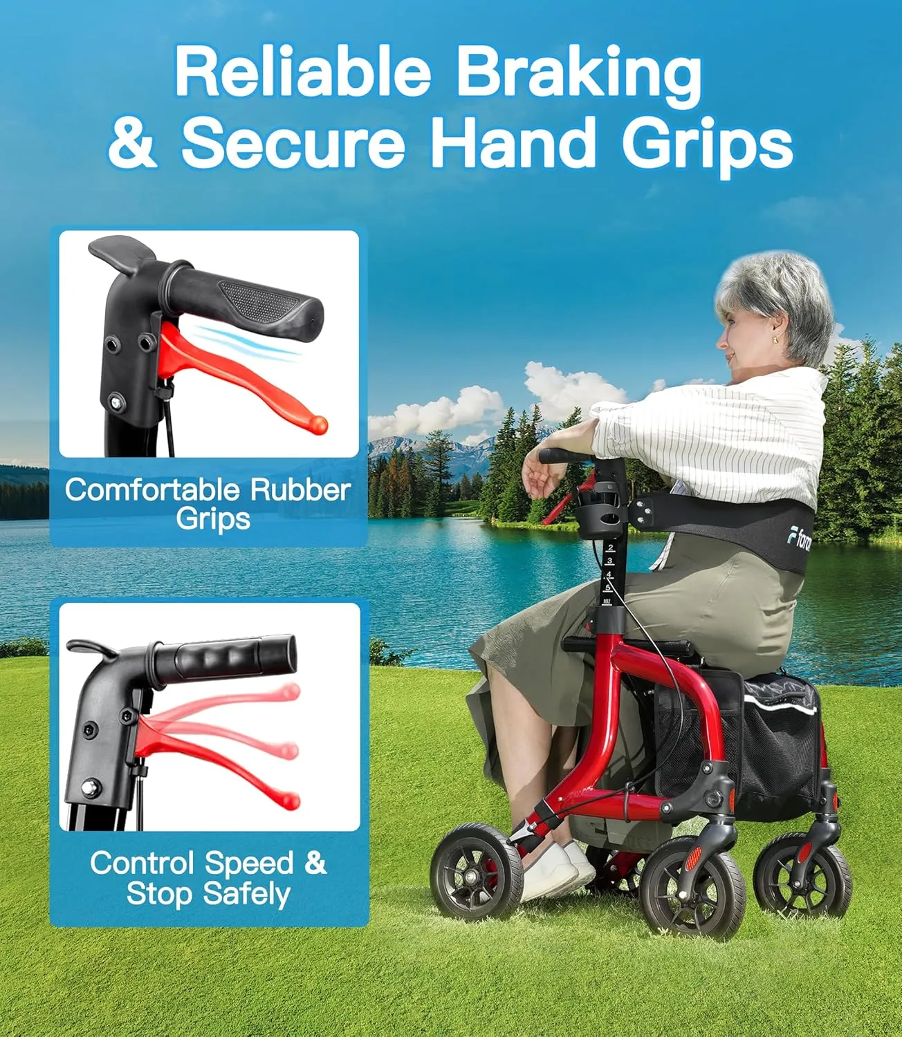 Farani All Terrain Rollator Walkers for Seniors, Lightweight Foldable Rolling Walker with Seat, Sturdy Integrated Molding Frame, Height-Adjustable Handles & Backbrest, 8" Rubber Wheels, Mother's Day